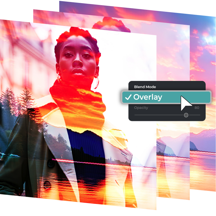 A person overlaid with a sunset and nature scene in graphic design software.